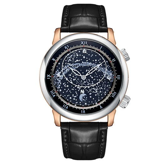 PAULAREIS Luxury Men’s Automatic Watch – Starry Sky Rotating Dial, Waterproof Mechanical Wristwatch with Leather Strap Astro