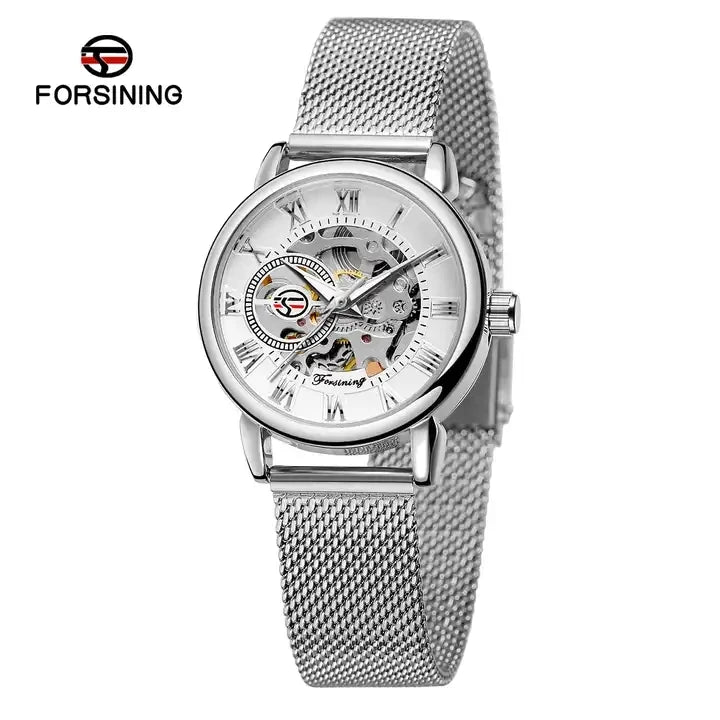Forsining Women’s Skeleton Watch | Stainless Steel Transparent Mechanical Wristwatch – Waterproof Luxury Watch for Women
