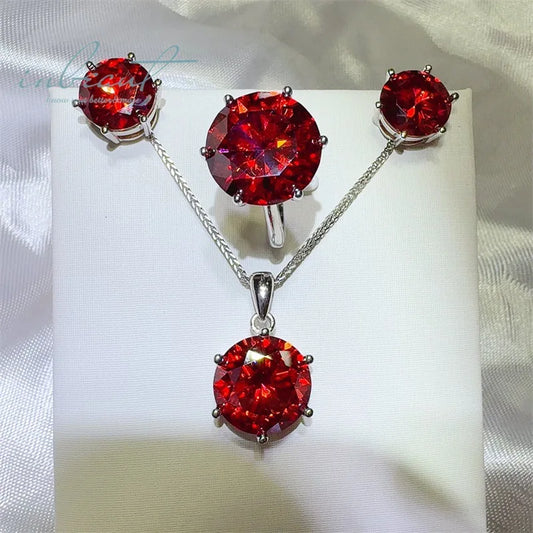925 Sterling Silver 20Ct Brilliant Cut Red Moissanite Jewelry Set – Ring, Earrings & Necklace for Women Margarette