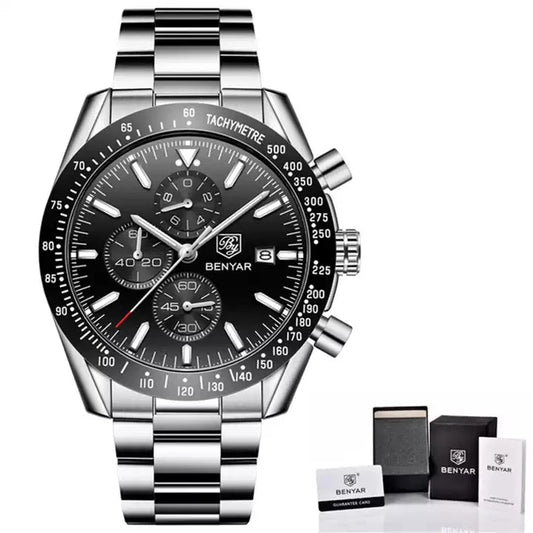BENYAR 5140 Men's Luxury Quartz Watch – Stainless Steel Business Casual Sports Wristwatch, Waterproof Designer Watch for Men