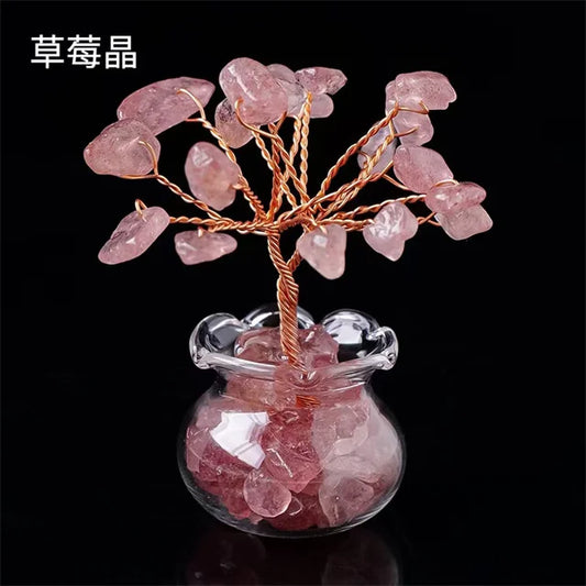 Natural Crystal Fortune Tree – Hand-Woven Mini Crystal Tree Ornaments with Gravel Gems in Glass Vases