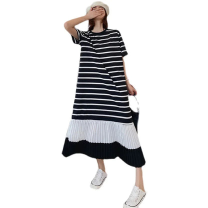 Summer Women's Loose Korean T-Shirt Dress – Over-the-Knee Design with Stitching and Short Sleeves Sophie