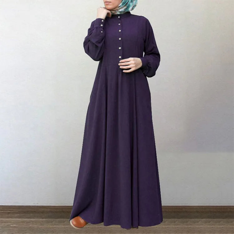 Long Sleeve Retro Ethnic Abaya with Buttons | Elegant Muslim Dress for Women Amira