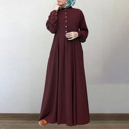 Long Sleeve Retro Ethnic Abaya with Buttons | Elegant Muslim Dress for Women Amira